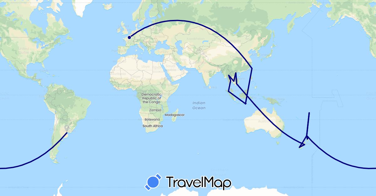 TravelMap itinerary: driving in Argentina, Australia, Fiji, France, Indonesia, Cambodia, New Zealand, Thailand, Taiwan, Vietnam (Asia, Europe, Oceania, South America)